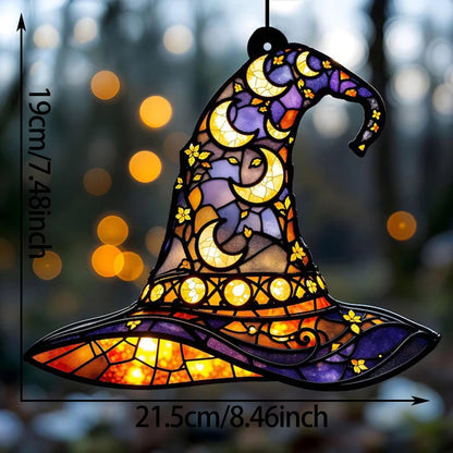 Halloween Witch Hat Window Hanging Acrylic Sun Catchers Hat Shaped with Moon & Floral Pendant Wall Decortions for Home & Garden