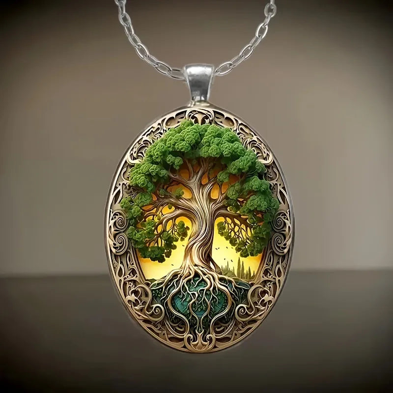 Elegant Tree of Life Elliptical Glass Alloy Pendant Necklace