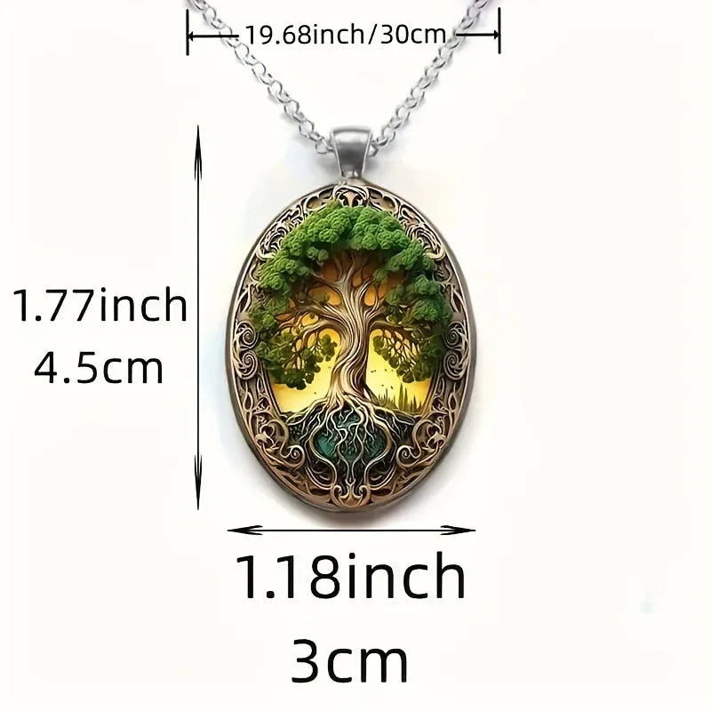 Elegant Tree of Life Elliptical Glass Alloy Pendant Necklace