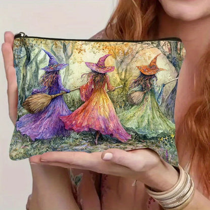 1pc Retro Witch-Themed Resin Makeup Bag with Safety Zipper - Vibrant Witches' Forest Design,Makeup Organizer Bags, for Halloween