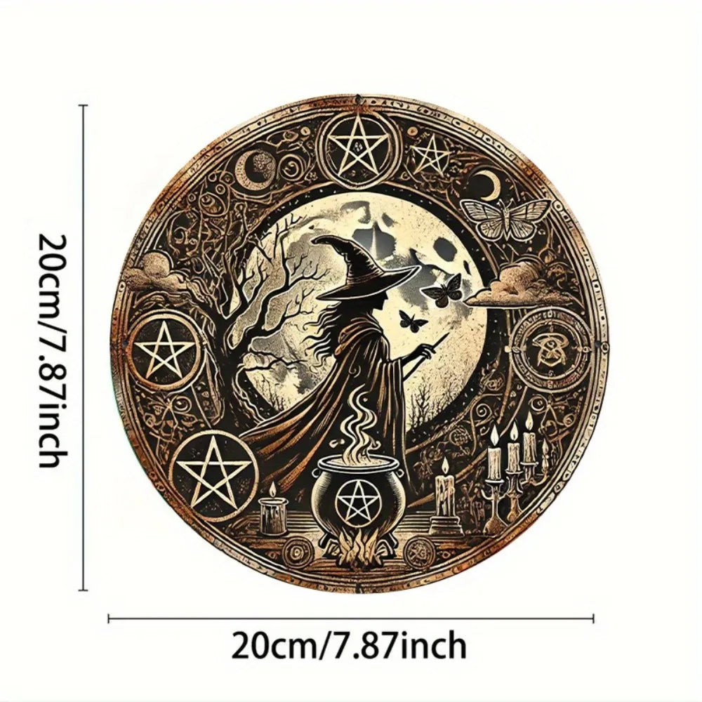 WitchCraft Retro Aluminum Wall Art - Round Witch & Cauldron Design, Halloween Hanging Decor with English Text