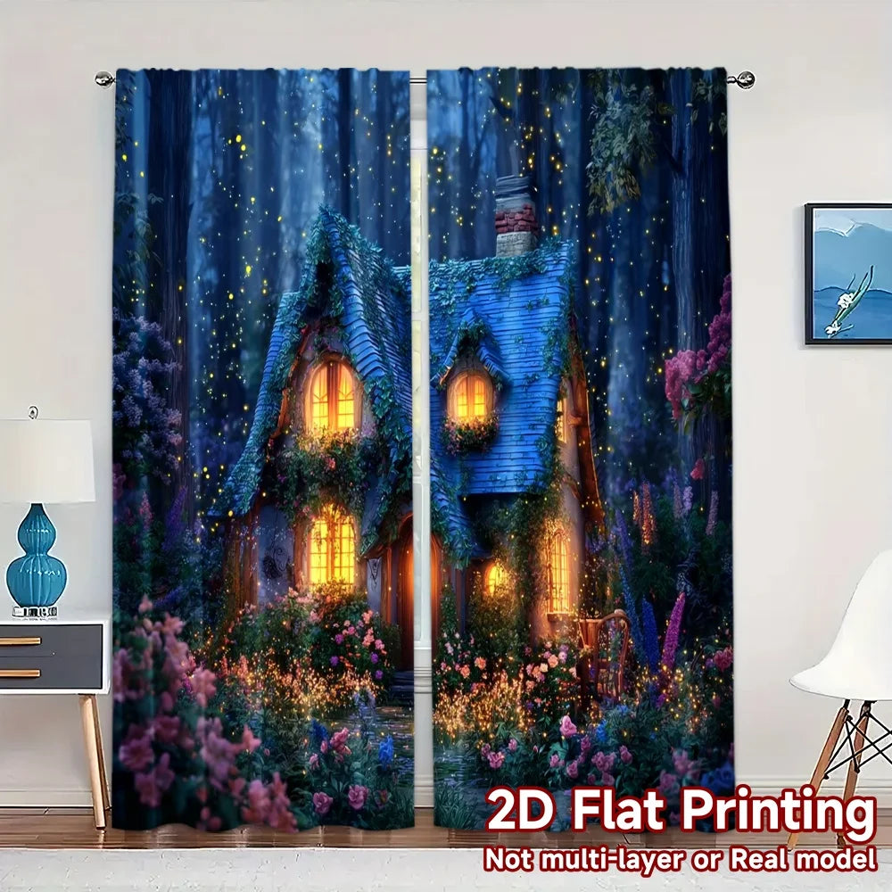 2pcs Curtains Fairy Cottage Night