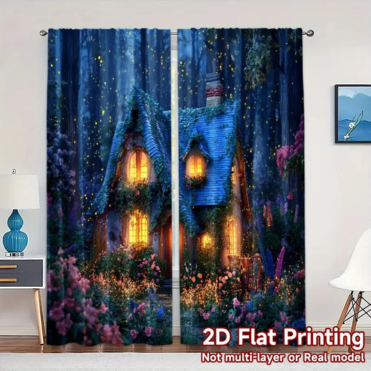 2pcs Curtains Fairy Cottage Night