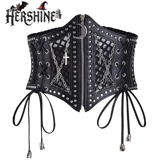 1-piece set of women's black hollow mesh cross chain cross metal accessories decorated with dark punk style waist waistband