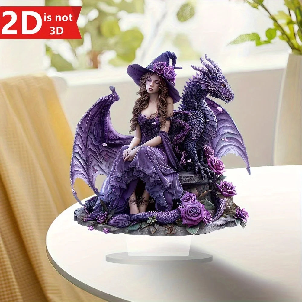 2D Bohemian witch & dragon desktop decor for home, office, or café.