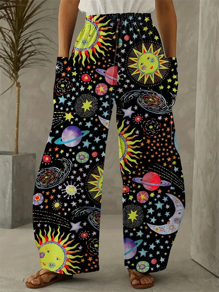 Wide-legged Pants Elegant Sun, Moon And Star Print