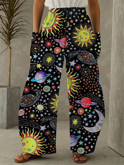 Wide-legged Pants Elegant Sun, Moon And Star Print