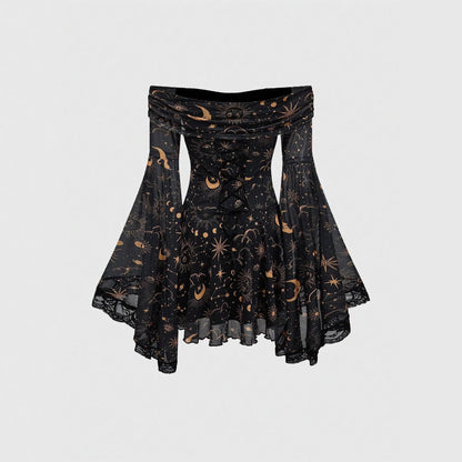 Gothic Style Vintage  Star Moon Long Sleeve A- Line Dress