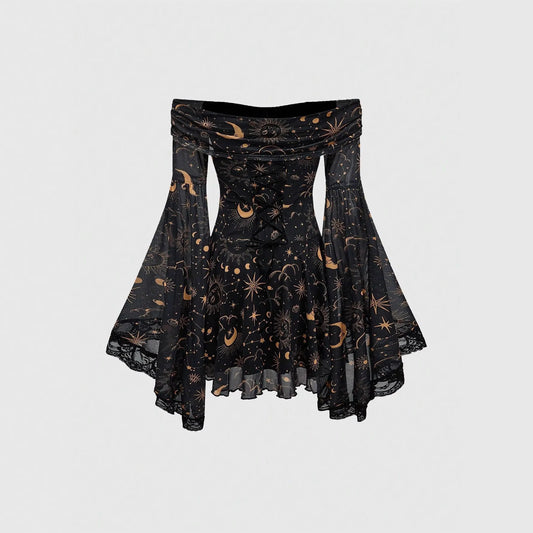 Gothic Style Vintage  Star Moon Long Sleeve A- Line Dress