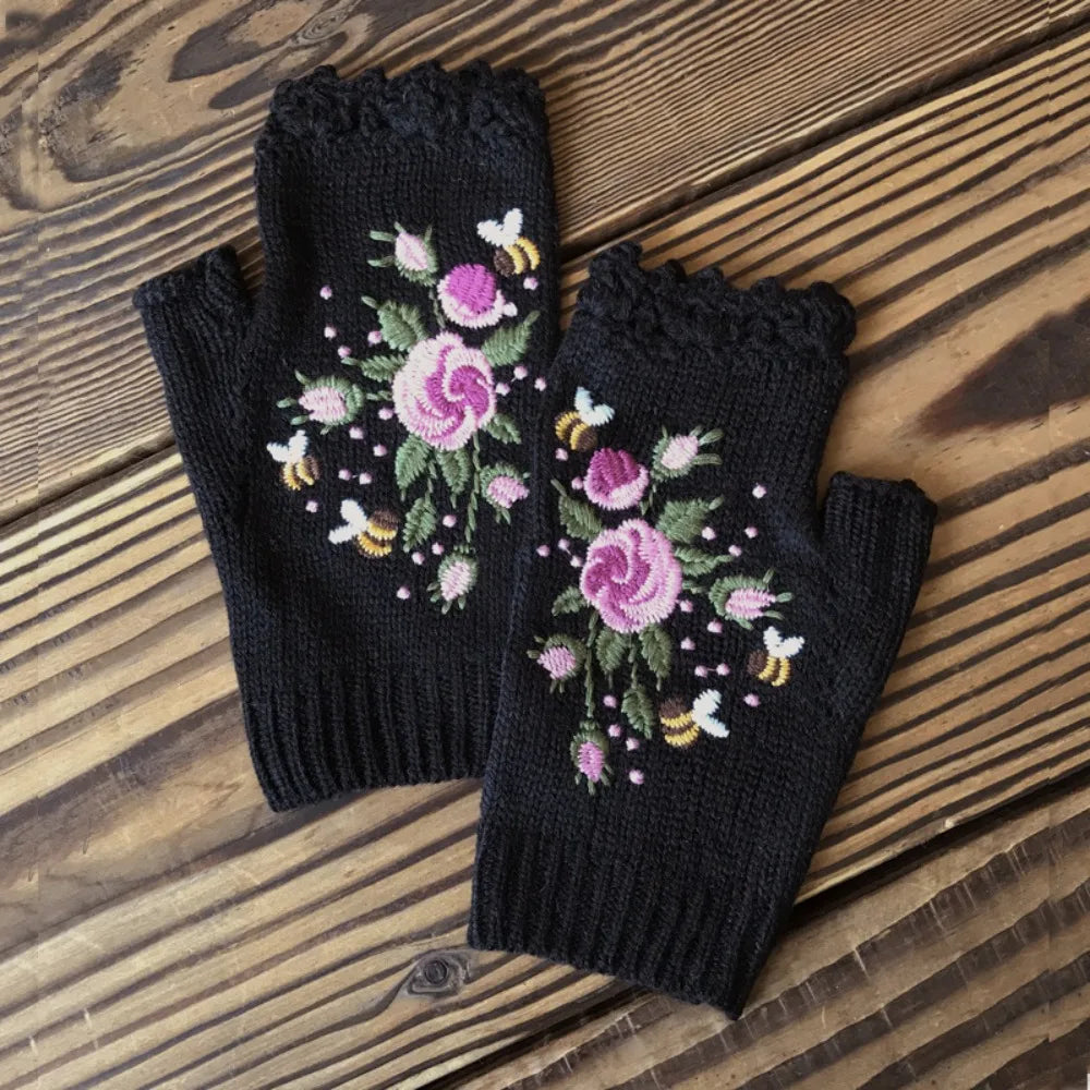 Vintage Embroidery Knitted Fingerless Gloves
