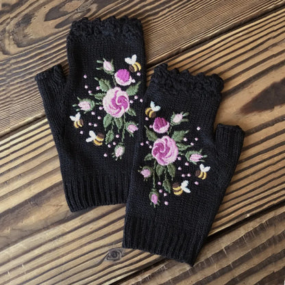 Vintage Embroidery Knitted Fingerless Gloves