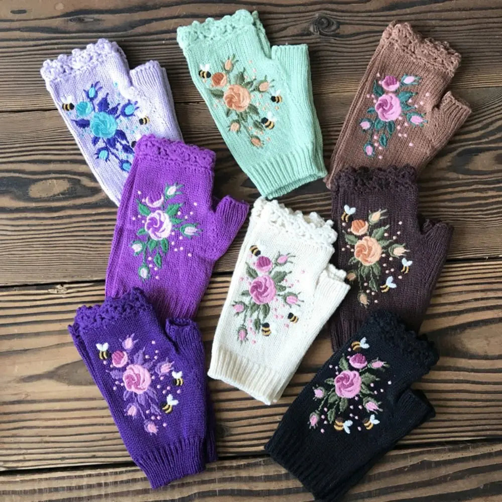 Vintage Embroidery Knitted Fingerless Gloves
