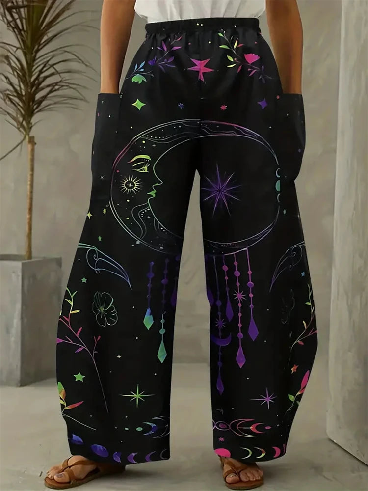 Wide-legged Pants Elegant Sun, Moon And Star Print
