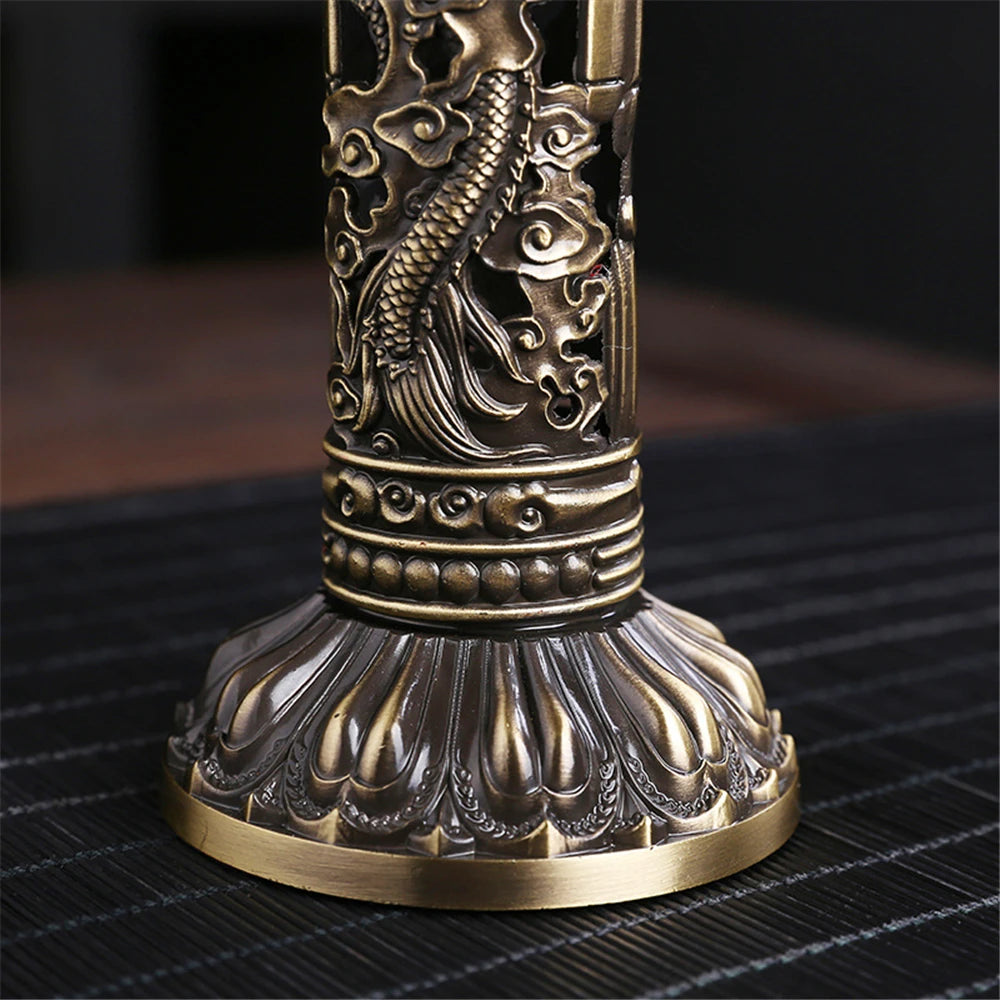 Archaize Vertical Incense Burner Buddha Heart Sutra Dragon Phoenix Pillar Metal Thread Incense Stick Home Office Decoration