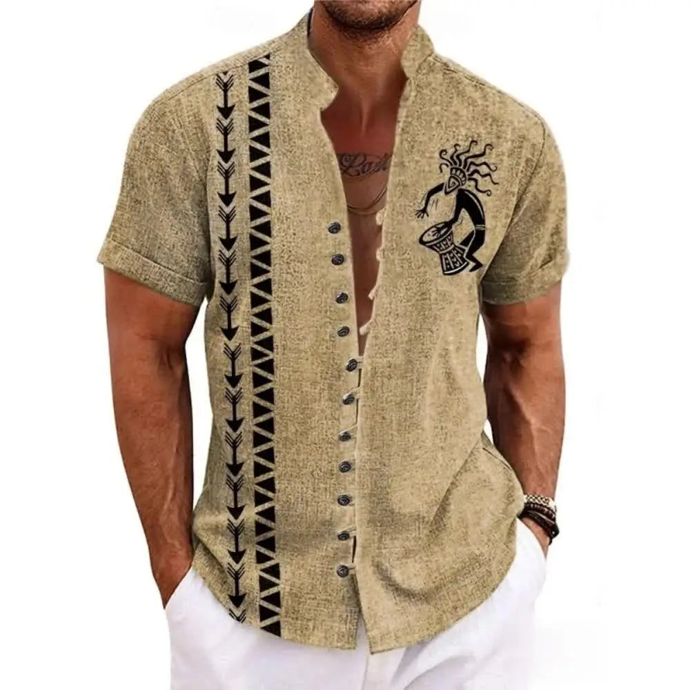 Men's Linen Short-Sleeved Shirt Ethnic Totem Print