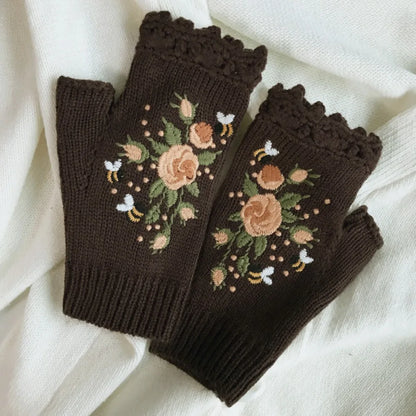 Vintage Embroidery Knitted Fingerless Gloves