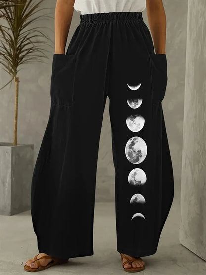 Wide-legged Pants Elegant Sun, Moon And Star Print
