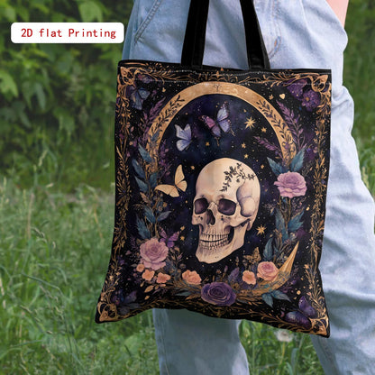 Women's Gothic Tote Bag - Large Capacity Open Top Purse with Elegant Skull & Floral Design (Purple/Black/ Golden/)