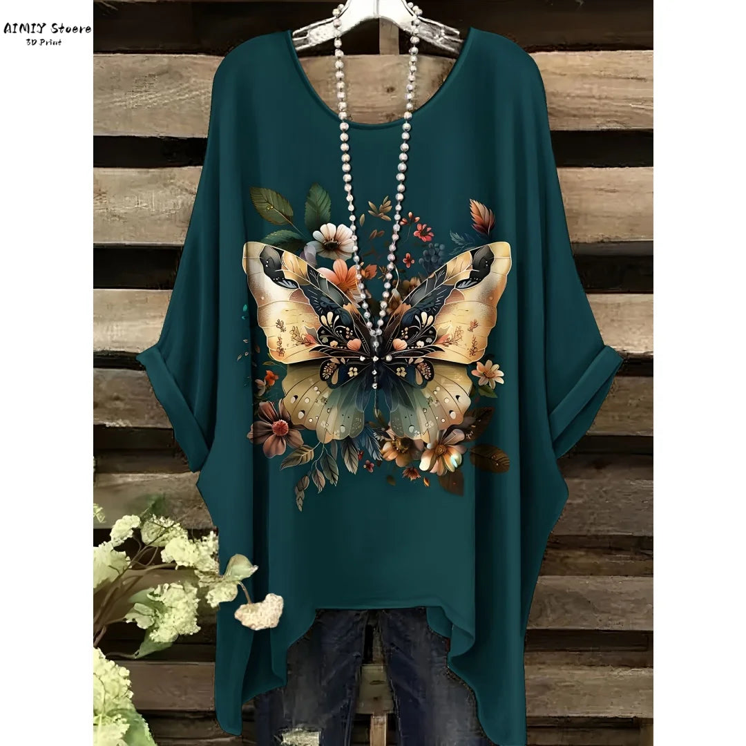 Butterfly Flower Pattern Printed Tail Hem Round Neck T-Shirt