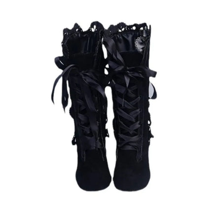 Vintage  Leather Suede Lace Up Mid Calf Boots