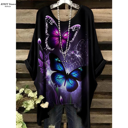 Butterfly Flower Pattern Printed Tail Hem Round Neck T-Shirt