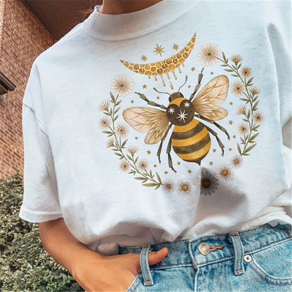 Women's Fashion Bee Moon Print Casual Short Sleeve T-Shirt