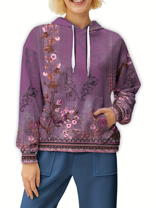 Women'S Vintage Oil Painting Floral Printed Hoodie  .