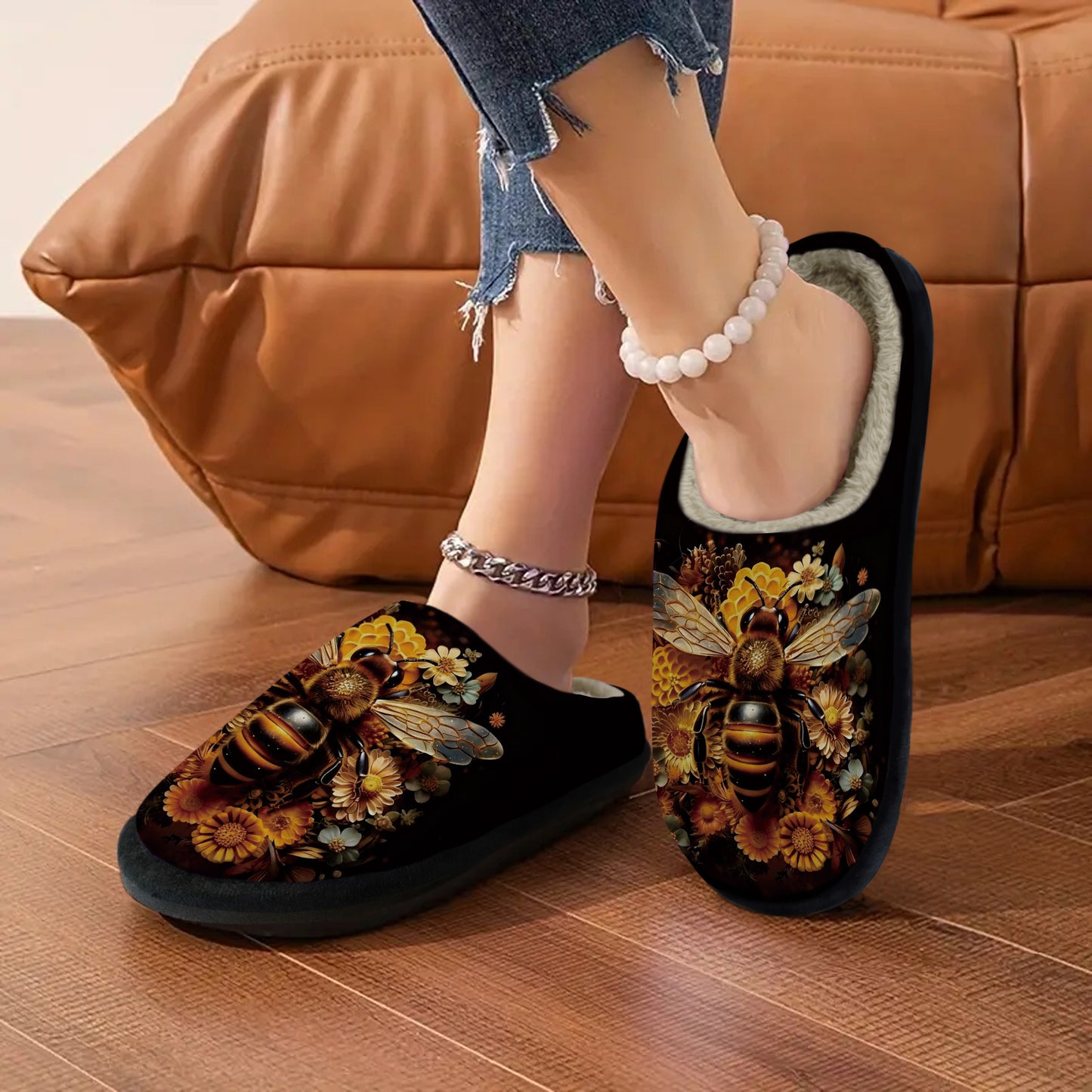 Bee design Soft Plush Fabric slippers with Non-Slip Rubber Sole