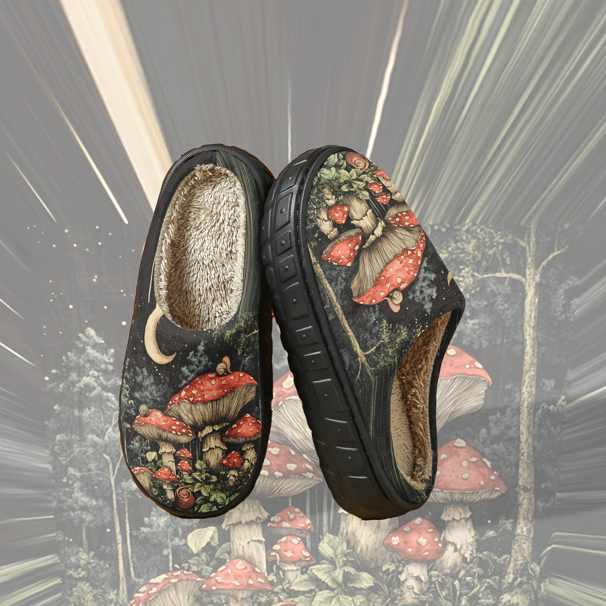 Plush Slippers - Moonlit Mushroom Forest Design