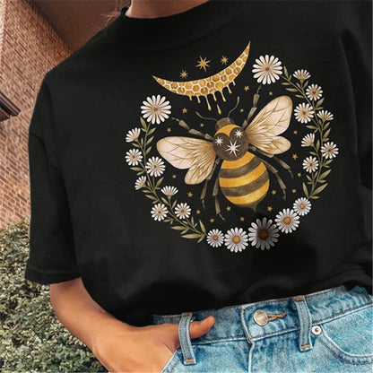 Women's Fashion Bee Moon Print Casual Short Sleeve T-Shirt