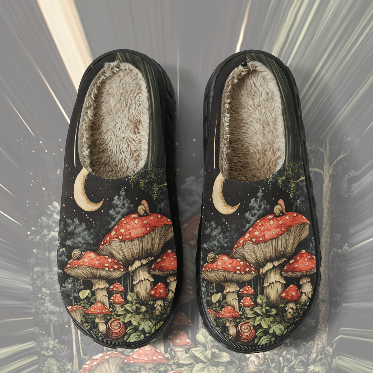 Plush Slippers - Moonlit Mushroom Forest Design