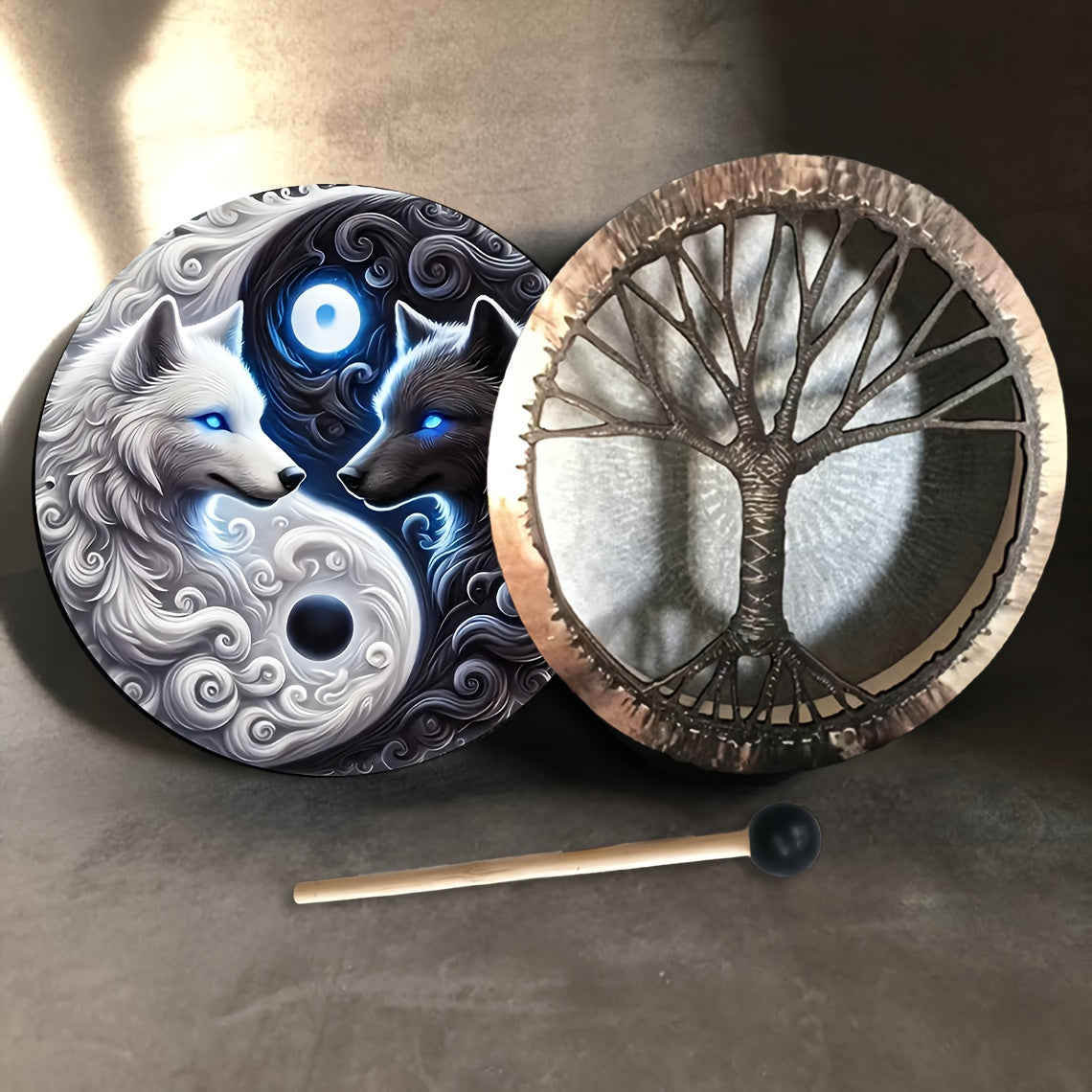Yin Yang Wolf Drum with a Handle