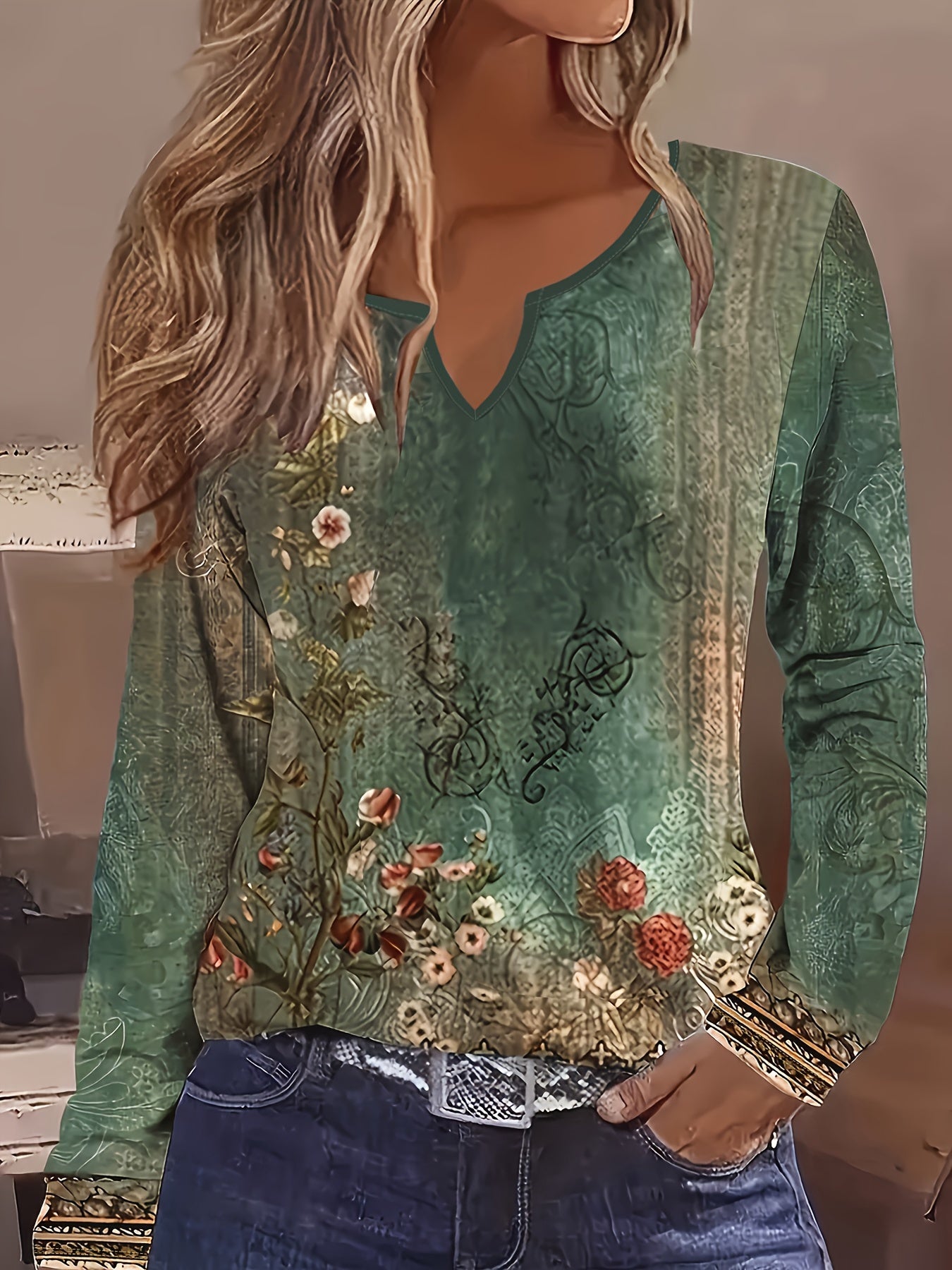 Bohemian Floral Print V-Neck Long Sleeve Tunic Top