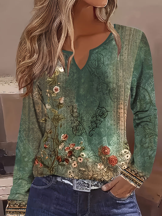 Bohemian Floral Print V-Neck Long Sleeve Tunic Top
