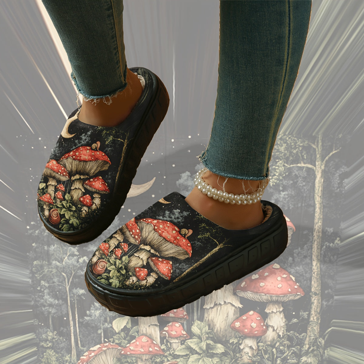 Plush Slippers - Moonlit Mushroom Forest Design