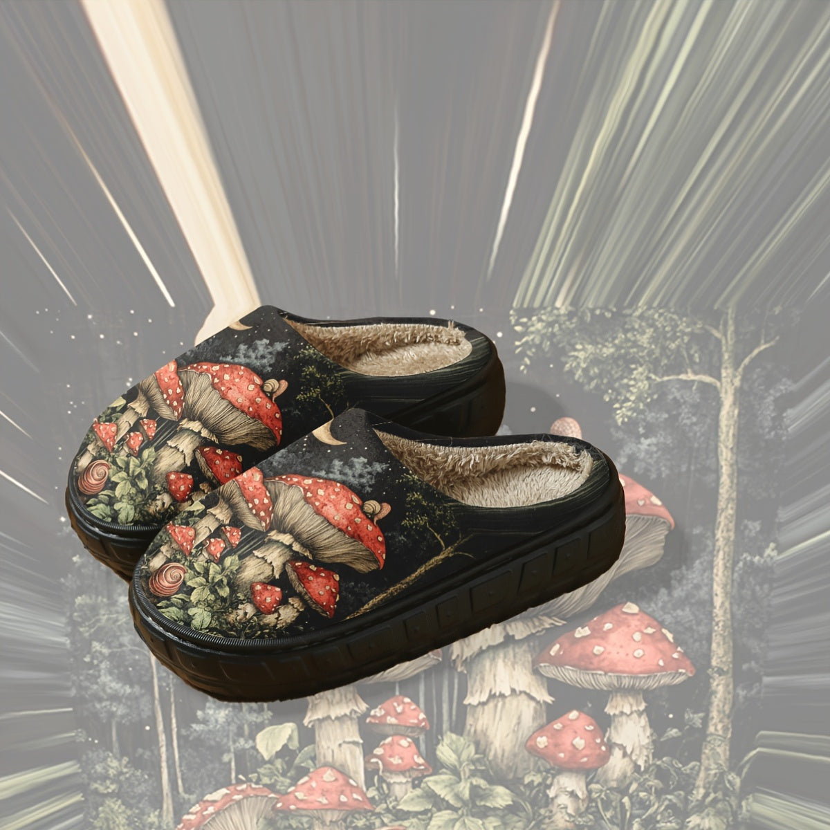Plush Slippers - Moonlit Mushroom Forest Design